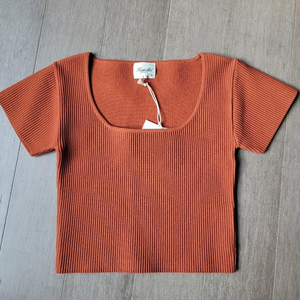 Kuwalla Rust Ribbed Short Sleeve Cropped Top Square Neckline